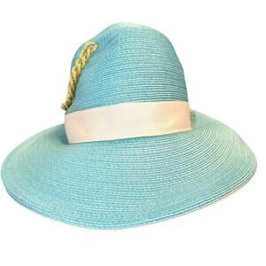Vintage Schiaparelli Paris Turquoise White Ribbon Trim W/Gold Chain Straw Hat